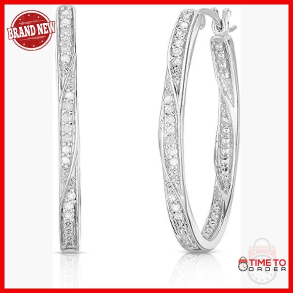 Large Twisted Oval Diamond Hoop Earrings Sterling Silver 1/4 Cttw